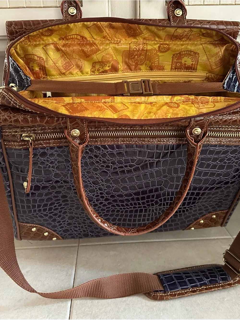 Croc-Embossed  Travel Tote in Dark Purple and Brown Trim by Samantha Brown